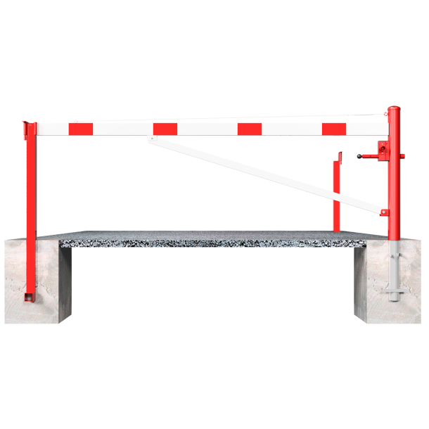 Swing barrier | with bracing tube and | pull rope reinforcement | for casting in concrete, hot-dip galvanized and white coated with red reflecting stripes | Barrier arm length: 3000 mm | with triangular lock
